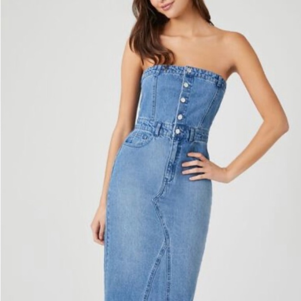 Strapless Light Blue Denim Midi Dress - Picture 2 of 12